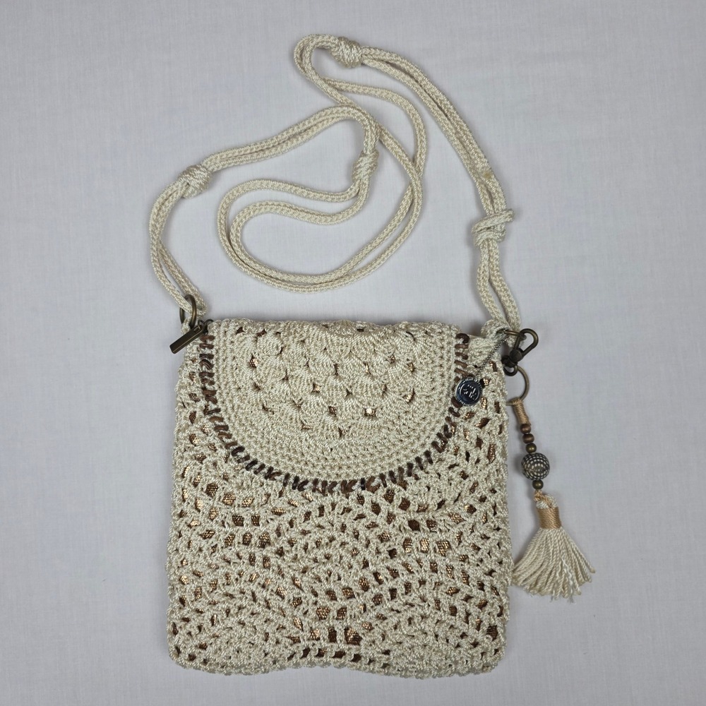 The Sak Iris Crochet Crossbody Bag Womens Small Cream Gold Metallic Boho Knit